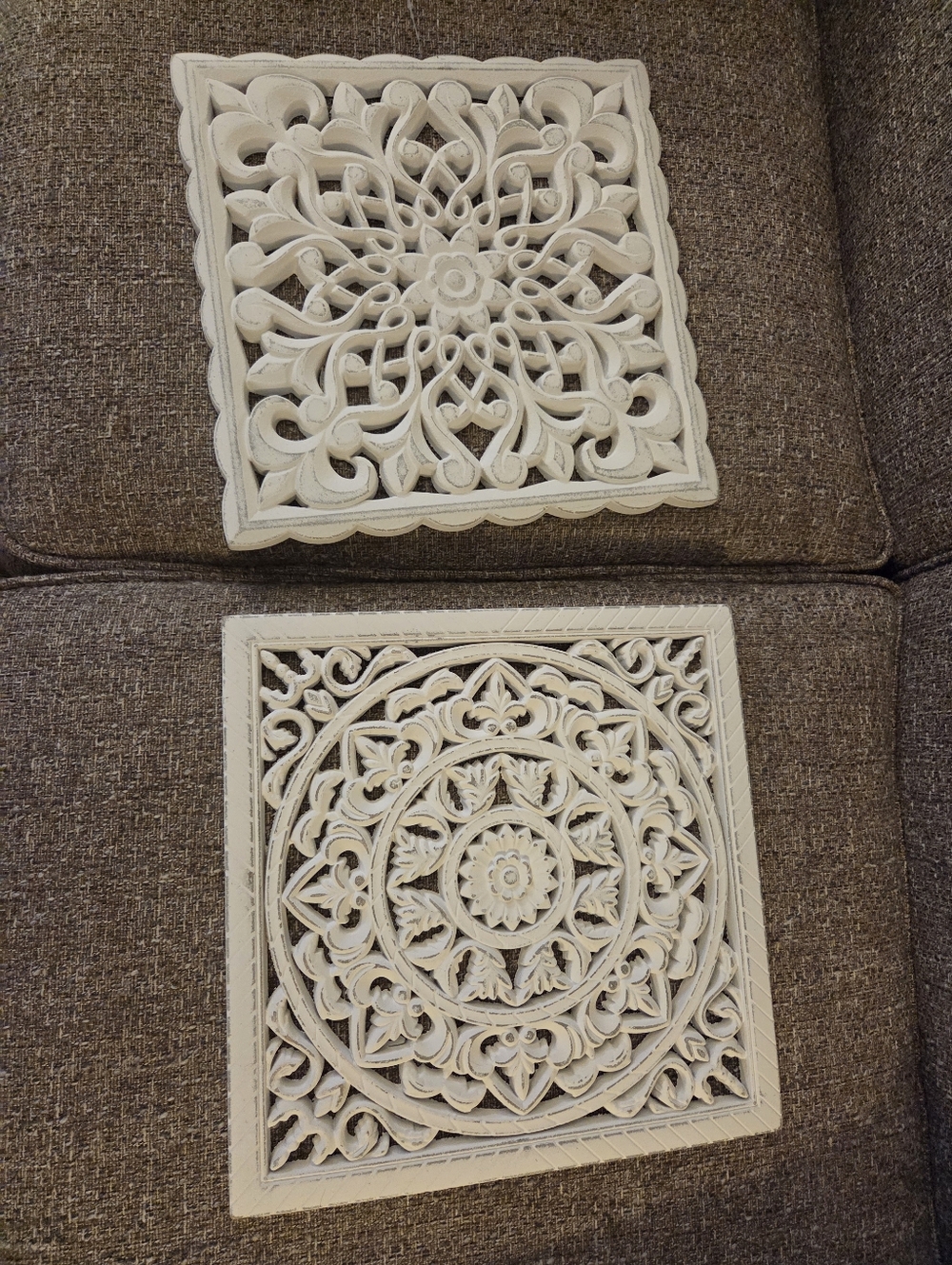 Set of 2 Carved Panels, Wall Art Decor in Teak, Light Whitewash Finish Farmhouse